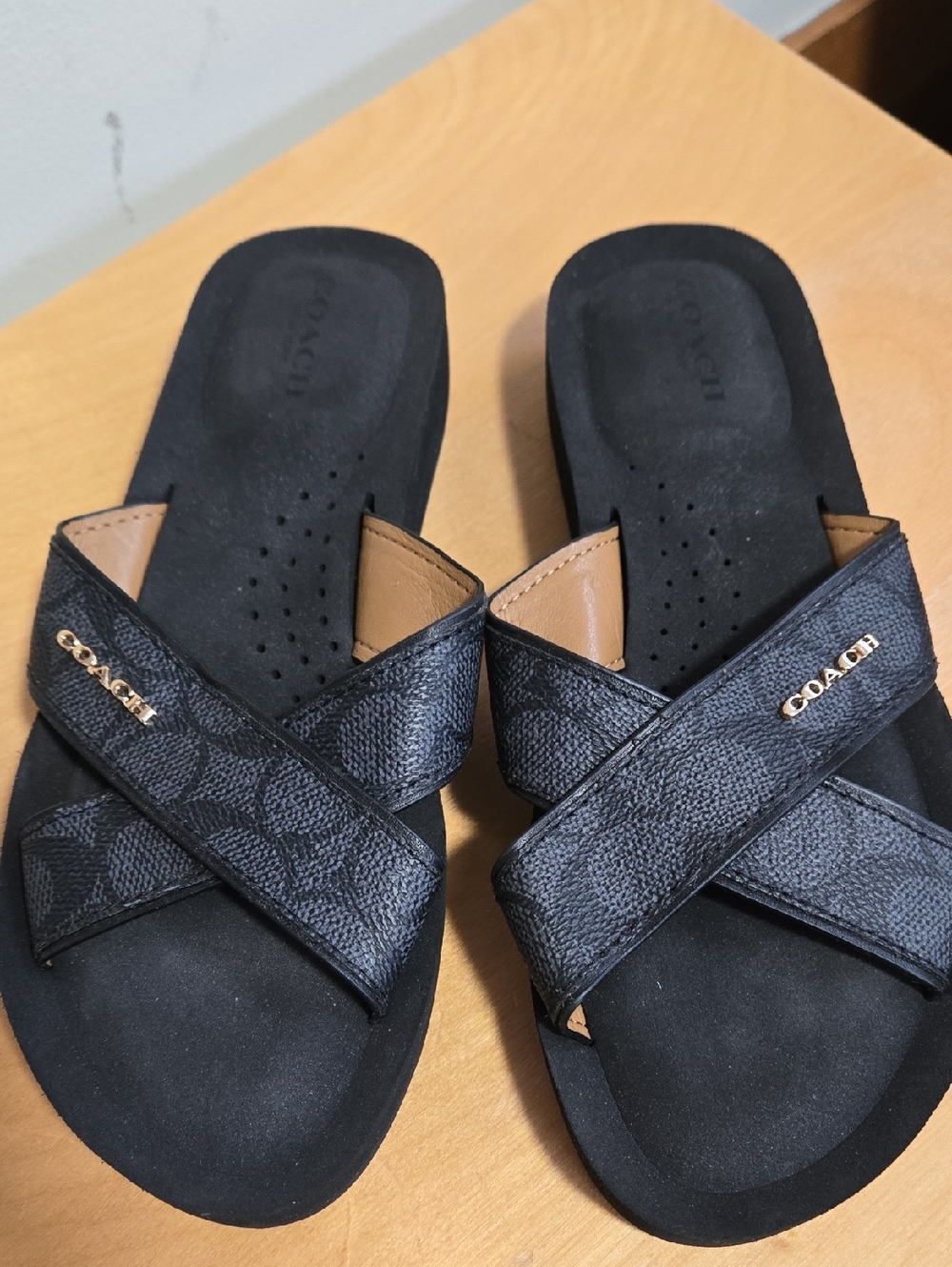 Coach Black Signature Cross-Strap Slide Sandals with Gold Logo